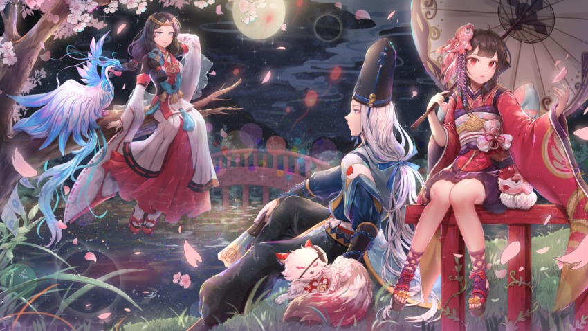 1boy, 2girls, abe_no_seimei_(onmyoji), bad_id, bad_pixiv_id, black_hair, blue_eyes, character_request