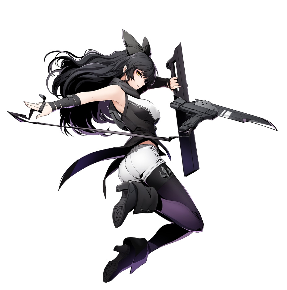 1girl, arryn_zech, ass, black_hair, blake_belladonna, blazblue, blazblue:_cross_tag_battle, boots, bow, cat_eyes, dustloop_(site), female_focus, gambol_shroud, gun, hair_bow, handgun, high_heel_boots, high_heels, higuchi_konomi, jumping, long_hair, negative_blake's_enemy, official_art, pistol, purple_legwear, rwby, shimamura_yuu, shorts, solo, voice_actor_connection, weapon, white_background, white_shorts, yellow_eyes