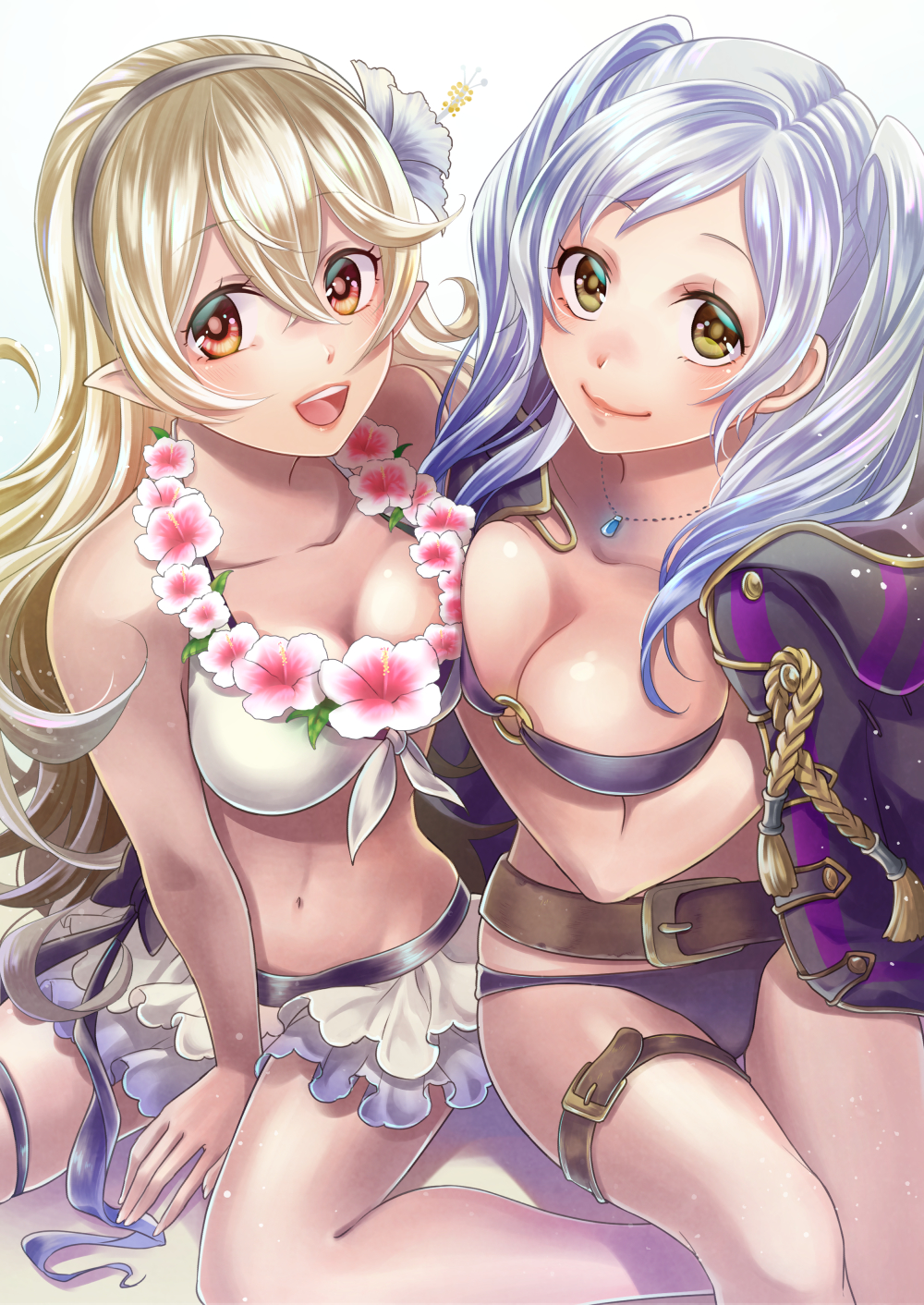 2girls, alternate_costume, asymmetrical_docking, belt, bikini, bikini_skirt, blonde_hair, blush