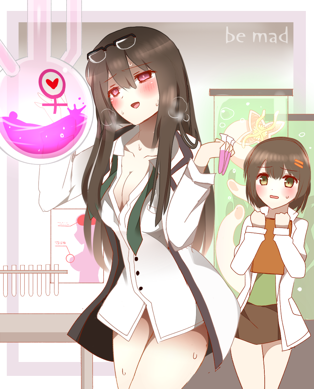 2girls, :d, aphrodisiac, between_fingers, black-framed_eyewear, black_skirt, blush, breasts, brown_hair, cleavage, collarbone, collared_shirt, commentary_request, dress_shirt, eyewear_on_head, glasses, green_eyes, green_shirt, hair_between_eyes, hair_ornament, hairclip, head_tilt, heart, heavy_breathing, highres, holding, lab_coat, long_hair, long_sleeves, medium_breasts, multiple_girls, no_pants, non_(wednesday-classic), open_mouth, original, over-rim_eyewear, parted_lips, partially_unbuttoned, plant, purple_eyes, science, semi-rimless_eyewear, shirt, short_hair, skirt, smile, sweat, test_tube, venus_symbol, very_long_hair, white_shirt