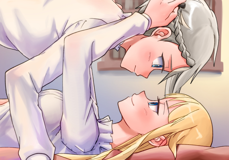 2girls, ange_(princess_principal), blonde_hair, blue_eyes, blush, breasts, imminent_kiss, large_breasts, llr, looking_at_another, multiple_girls, princess_(princess_principal), princess_principal, smile, white_hair, yuri