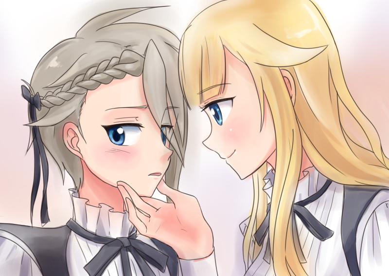 2girls, ange_(princess_principal), blonde_hair, blue_eyes, blush, llr, looking_at_another, multiple_girls