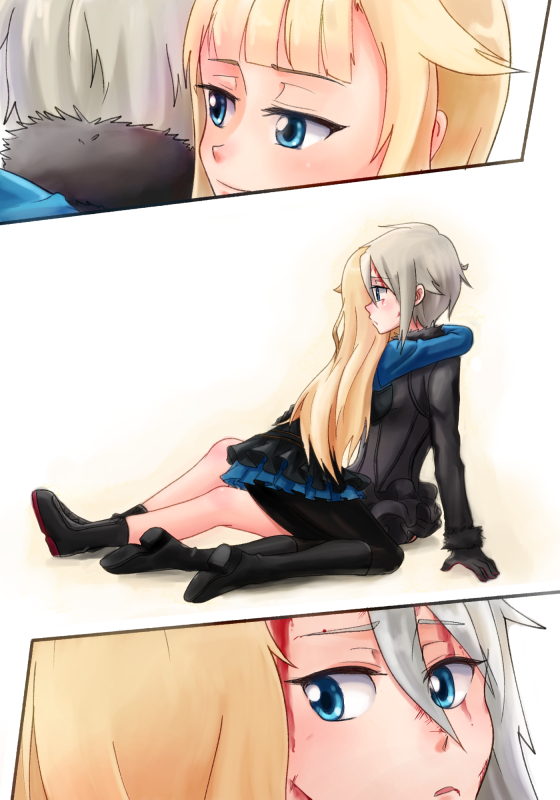 2girls, ange_(princess_principal), blonde_hair, blue_eyes, blush, hug, llr, multiple_girls
