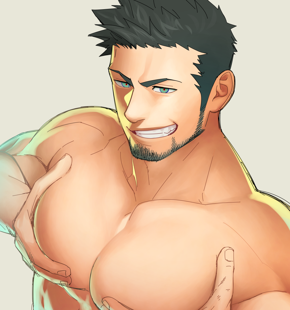 1boy, bara, beard, black_hair, breast_hold, breasts, facial_hair, green_eyes