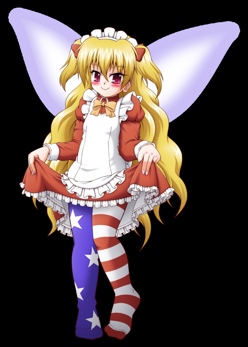 1girl, alternate_costume, alternate_hairstyle, american_flag, american_flag_legwear, american_flag_print, apron, asymmetrical_clothes, asymmetrical_legwear, blonde_hair, blush, bow, bowtie, breasts, c:, closed_mouth, clothes_lift, clownpiece, collared_dress, commentary_request, dress, dress_lift, enmaided, eyebrows, eyelashes, fairy, fairy_wings, female_focus, fingernails, flag_print, frilled_apron, frilled_dress, frills, full_body, hair_between_eyes, hair_ribbon, highres, horizontal-striped_legwear, kappei, knees_together_feet_apart, lifting_own_clothes, lips, long_hair, maid, maid_apron, maid_headdress, multicolored_legwear, orange_bow, orange_bowtie, pantyhose, pink_eyes, red_dress, red_ribbon, ribbon, small_breasts, smile, solo, standing, star_(symbol), star_print, striped_clothes, striped_pantyhose, touhou, transparent_background, tsurime, two_side_up, uneven_legwear, very_long_hair, wavy_hair, white_apron, wings