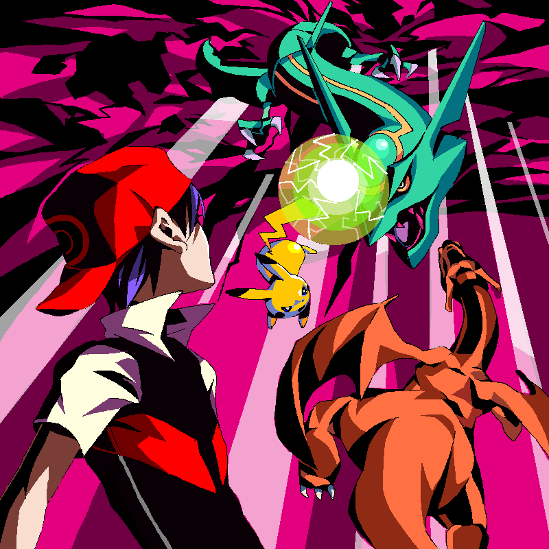 00s, 1boy, ash_ketchum, baseball_cap, battle, charizard, child, dragon, gen_1_pokemon, gen_3_pokemon, hat, kuroameman, legendary_pokemon, male_focus, nintendo, pikachu, pokemon, pokemon_(anime), pokemon_(creature), purple_hair, rayquaza, red_(pokemon)