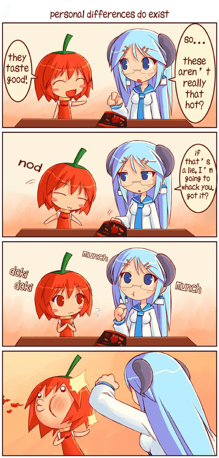 4koma, :3, blood, blue_eyes, blue_hair, blush, blush_stickers, chili_pepper, comic, eating, food, glasses, habanero_pepper, habanero-tan, hard-translated, horns, jolokia, long_hair, milk-san, o3o, original, punching, red_eyes, red_hair, school_uniform, serafuku, shigatake, short_hair, third-party_edit, translated