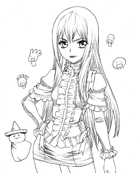 1girl, :d, bracelet, contrapposto, female_focus, frills, goth_fashion, greyscale, hand_on_own_hip, jewelry, kawahama_takuma, looking_at_viewer, marie_(moyashimon), monochrome, moyashimon, open_mouth, shiono_etorouji, short_sleeves, simple_background, smile, solo, standing, trap, white_background, wrist_cuffs, yuuki_kei