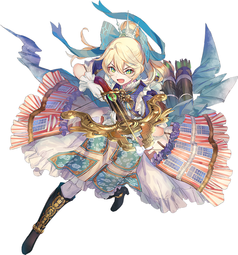 >:d, 1girl, :d, arrow_(projectile), azu-taro, blonde_hair, blue_bow, boots