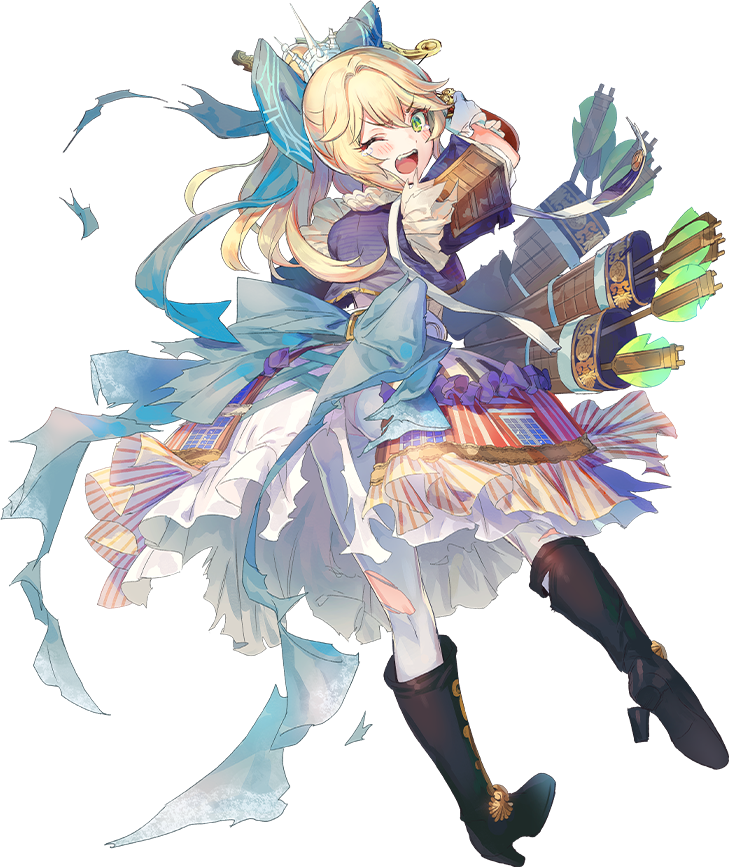 1girl, :o, arrow_(projectile), ass, azu-taro, blonde_hair, blue_bow, boots, bow, brown_boots, dress, female_focus, full_body, gloves, green_eyes, hair_bow, high_heel_boots, high_heels, long_hair, looking_at_viewer, official_art, oshiro_project:re, palais_de_fontainebleau_(oshiro_project), quiver, solo, thighhighs, tiara, torn_clothes, torn_dress, torn_thighhighs, transparent_background, weapon, white_gloves