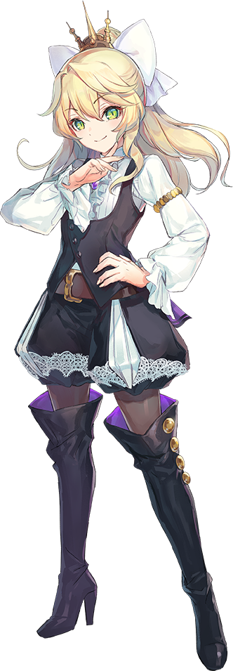 1girl, azu-taro, black_boots, black_pantyhose, blonde_hair, boots, bow, female_focus, full_body, green_eyes, hair_bow, high_heel_boots, high_heels, long_hair, official_art, oshiro_project:re, palais_de_fontainebleau_(oshiro_project), pantyhose, solo, standing, thigh_boots, thighhighs, tiara, transparent_background, white_bow