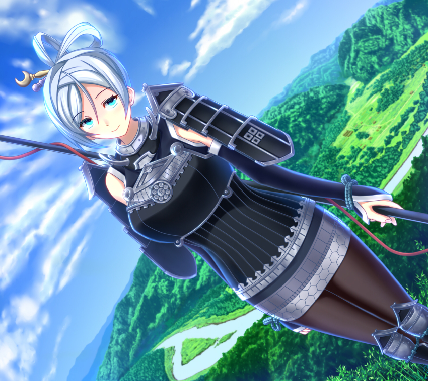 1girl, aoki_chibe, armor, armored_dress, black_pantyhose, blue_eyes, breastplate, breasts, commentary_request, cowboy_shot, day, detached_sleeves, dress, dutch_angle, female_focus, gassantoda_(oshiro_project), grey_hair, highres, holding, holding_polearm, holding_spear, holding_weapon, large_breasts, looking_at_viewer, oshiro_project:re, outdoors, pantyhose, polearm, smile, solo, spear, weapon