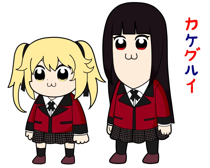 10s, 2girls, :3, bkub_(style), black_hair, blonde_hair, blunt_bangs, copyright_name, hime_cut, jabami_yumeko, jacket, kakegurui, long_hair, long_sleeves, multiple_girls, neck_ribbon, pantyhose, parody, plaid_clothes, plaid_skirt, pleated_skirt, poptepipic, red_eyes, red_jacket, ribbon, rukialice, saotome_mary, sidelocks, skirt, socks, style_parody, translated, twintails, white_background, yellow_eyes