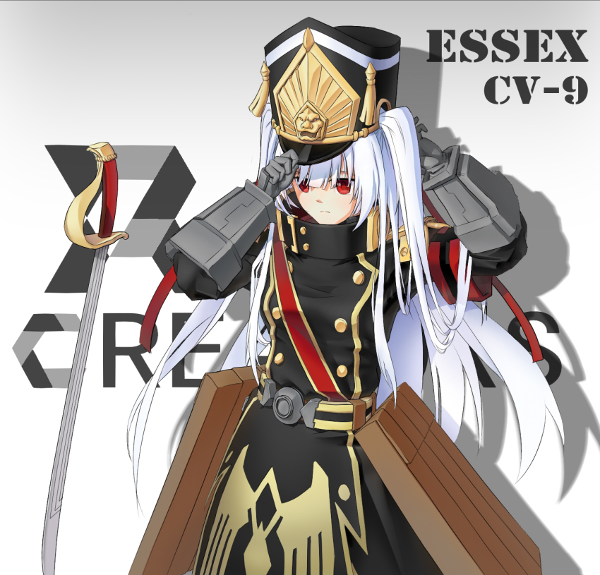 1girl, altair_(re:creators), altair_(re:creators)_(cosplay), character_name, commentary_request, cosplay, essex_(warship_girls_r), gloves, hat, highres, long_hair, look-alike, military, military_uniform, re:creators, red_eyes, sword, very_long_hair, warship_girls_r, weapon, white_hair, yilei