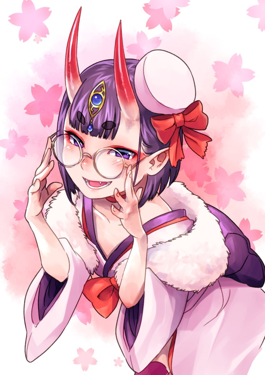 1girl, :d, adjusting_eyewear, bespectacled, blush, bow, commentary_request, eyeshadow