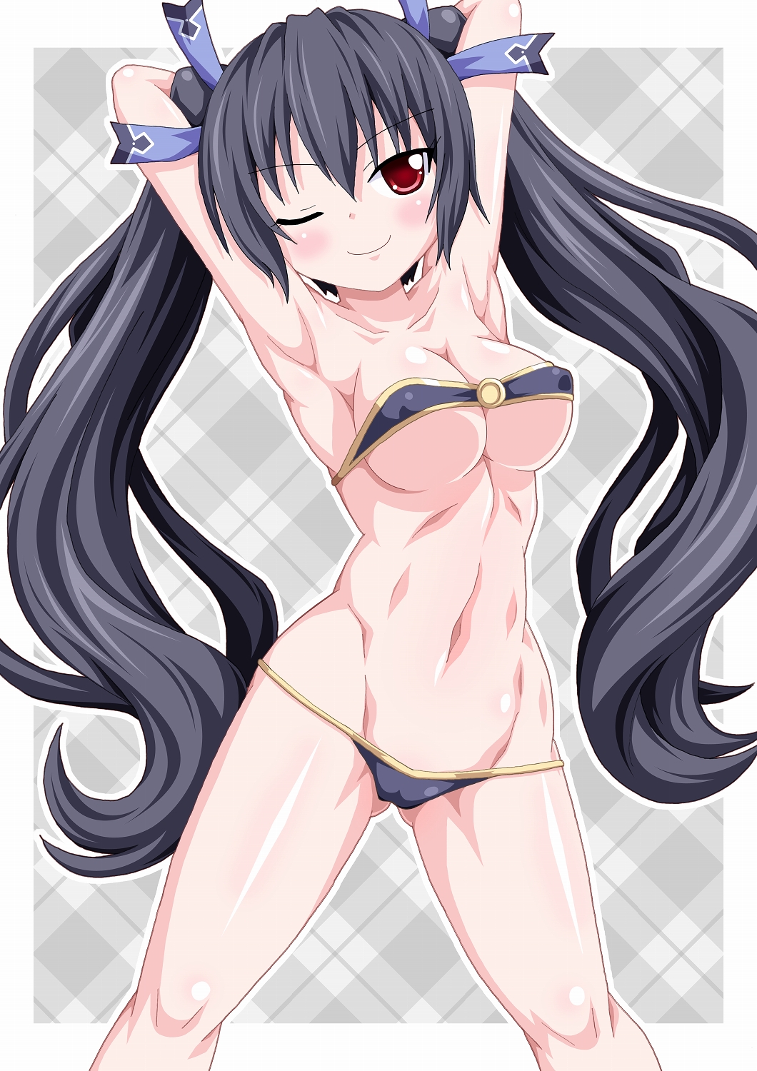 1girl, armpits, arms_behind_head, arms_up, bandeau, bare_shoulders, bikini, black_bikini