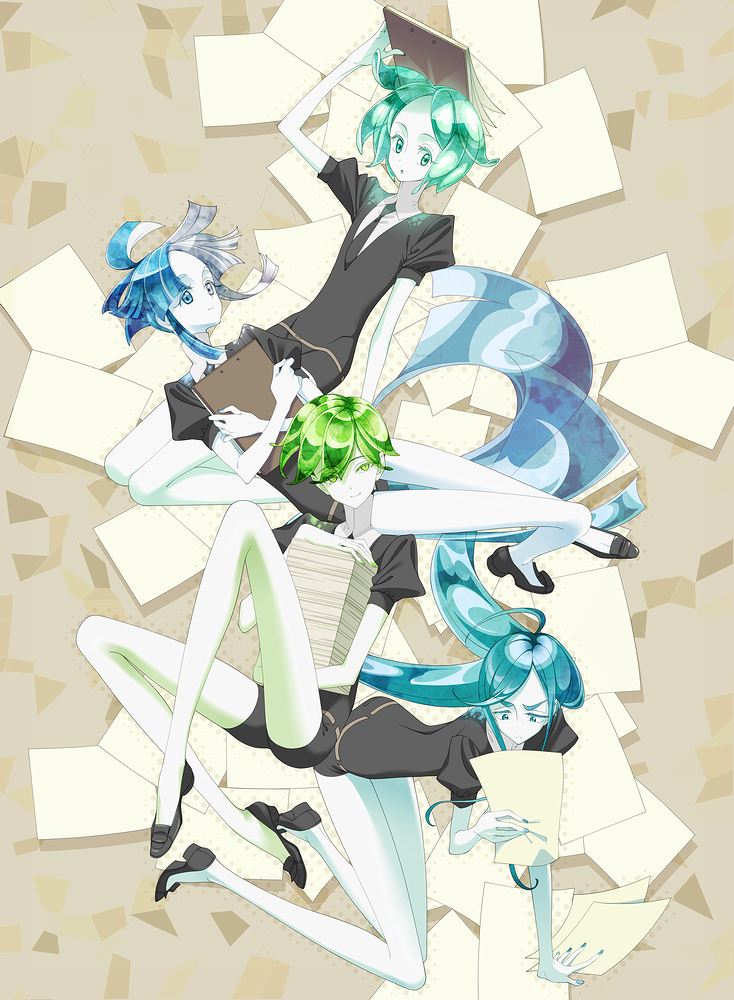 4others, ahoge, alexandrite_(houseki_no_kuni), androgynous, aqua_eyes, aqua_hair, artist_request, blue_eyes