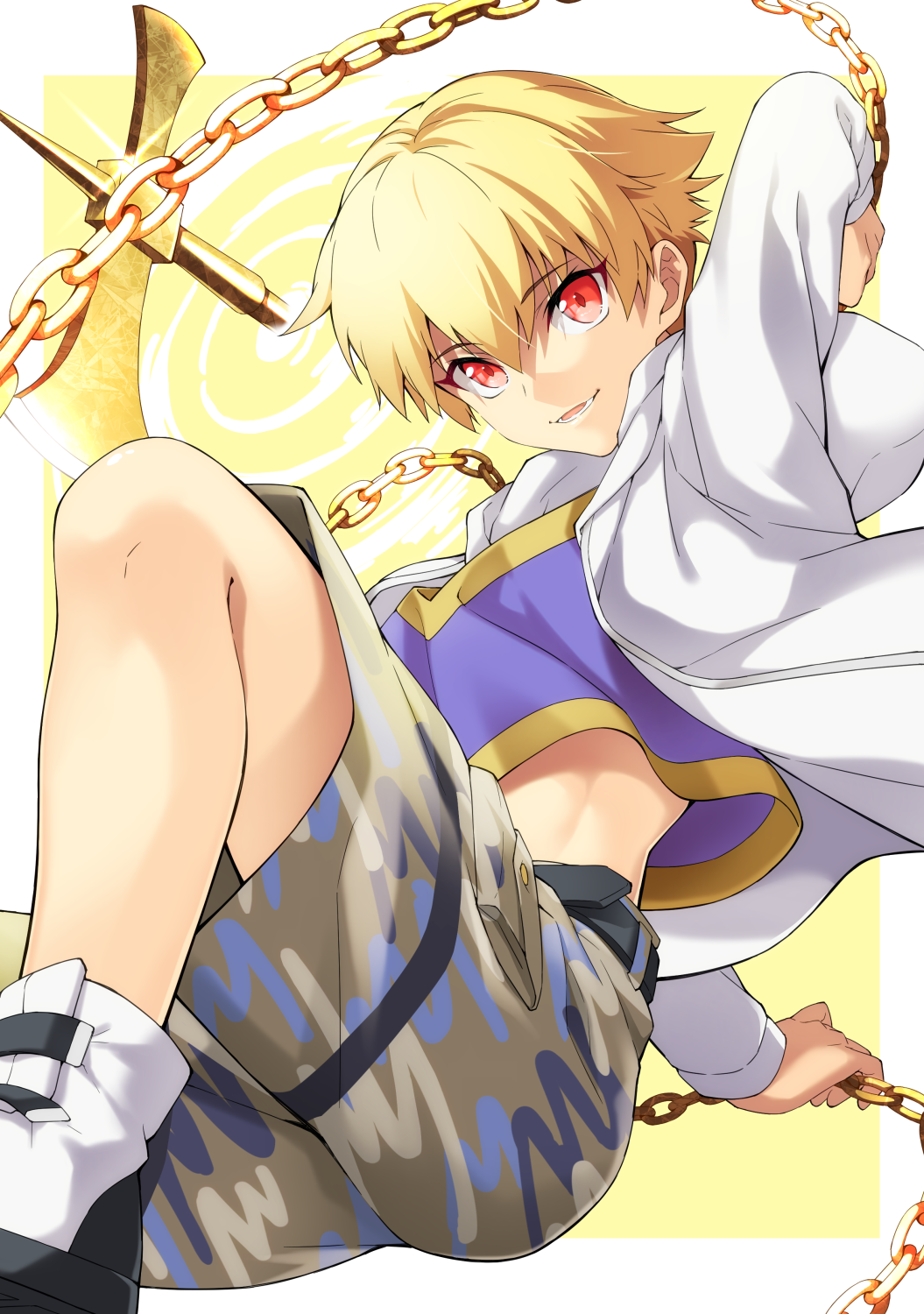 1boy, axe, battle_axe, belt, blonde_hair, camouflage, camouflage_shorts, chain, child_gilgamesh_(fate), commentary_request, crop_top, enkidu_(weapon)_(fate), fate/grand_order, fate_(series), gate_of_babylon_(fate), gilgamesh_(fate), grin, hair_between_eyes, highres, holding, holding_weapon, jacket, jumping, long_sleeves, looking_at_viewer, male_focus, natsuko_(bluecandy), open_clothes, open_jacket, parted_lips, polearm, red_eyes, shoes, shorts, smile, solo, weapon, white_jacket