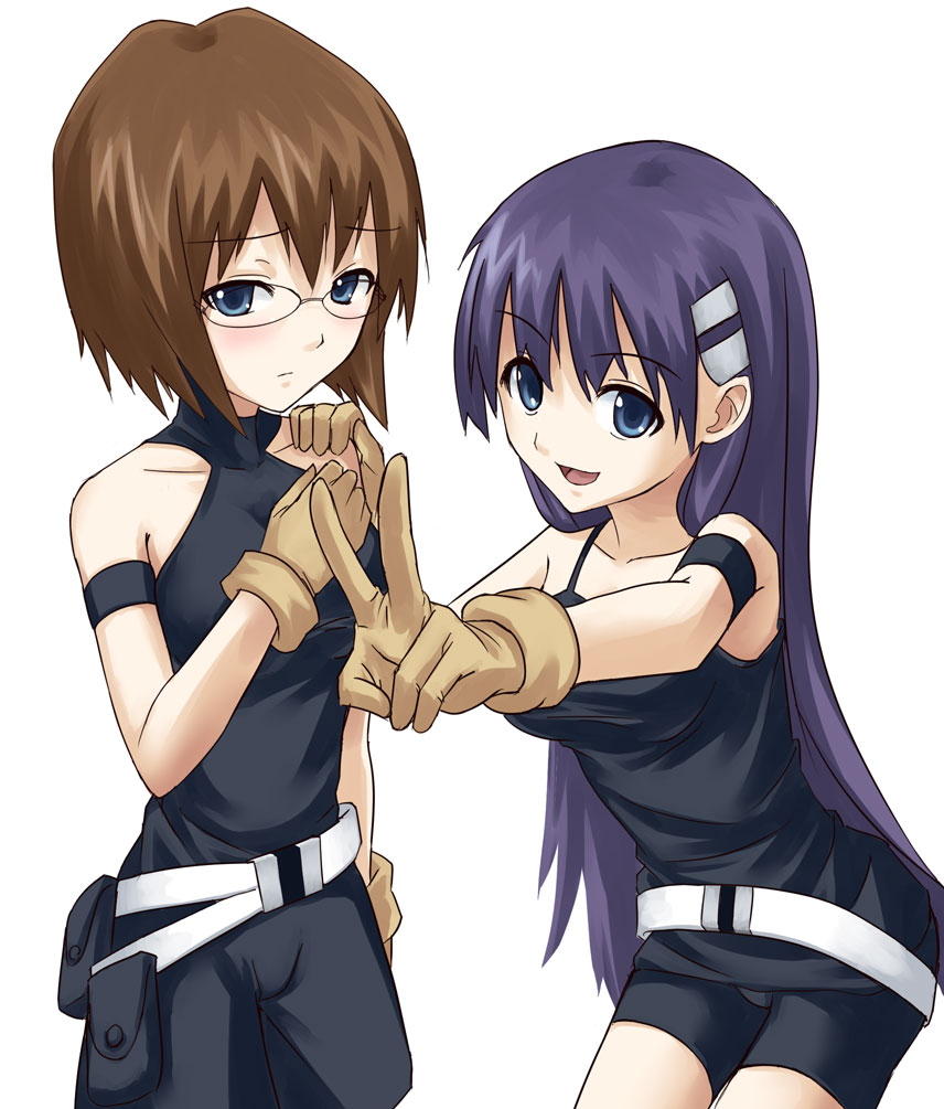 00s, 2girls, armband, bare_shoulders, bike_shorts, blue_eyes, blush, brown_hair, glasses, gloves, hair_ornament, hand_on_shoulder, kinon_bachika, kiyal_bachika, long_hair, multiple_girls, open_mouth, purple_hair, short_hair, shorts, siblings, sisters, tengen_toppa_gurren_lagann, v, yanphoenix