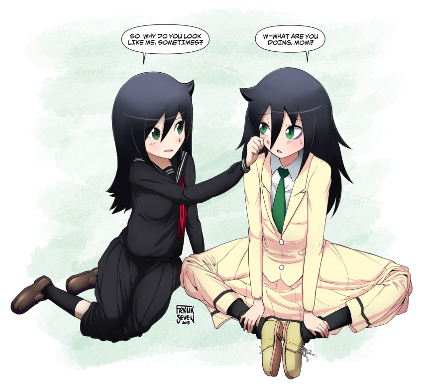 2018, 2girls, aged_down, artist_name, bags_under_eyes, black_hair, black_legwear, black_serafuku, black_skirt, butterfly_sitting, cheek_pinching, commentary, english_text, frankseven, green_eyes, green_neckwear, hair_between_eyes, highres, kuroki_tomoko, kuroki_tomoko's_mother, long_hair, long_skirt, long_sleeves, looking_at_another, mother_and_child, mother_and_daughter, multiple_girls, necktie, pantyhose, parent_and_child, pinching, school_uniform, serafuku, shoes, sitting, skirt, socks, speech_bubble, time_paradox, triangle_mouth, watashi_ga_motenai_no_wa_dou_kangaetemo_omaera_ga_warui!, yokozuwari
