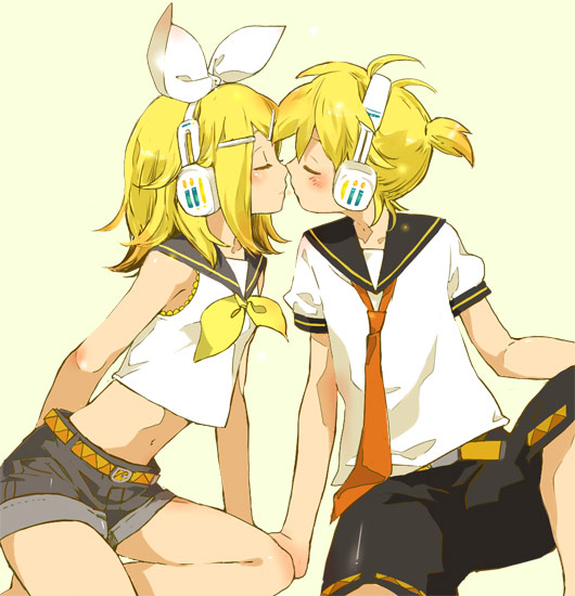 1boy, 1girl, blonde_hair, blush, brother_and_sister, closed_eyes, headphones, hetero, incest, kagamine_len, kagamine_rin, kiss, midriff, nuzzle, short_hair, shorts, siblings, sitting, twins, utako, vocaloid