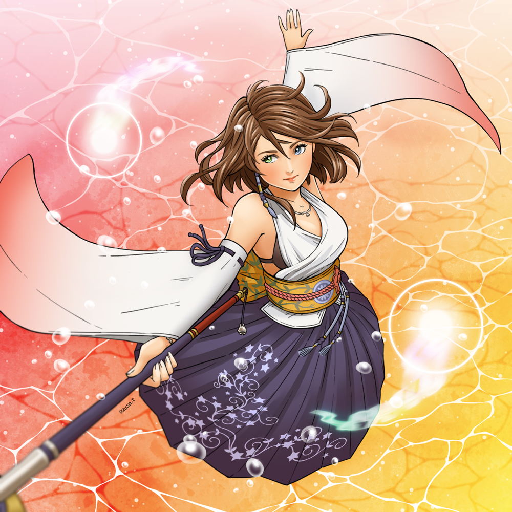 1girl, azusa_tanaka, black_bra, blue_eyes, bra, brown_hair, bubble, detached_sleeves, expressionless, female_focus, final_fantasy, final_fantasy_x, floral_print, full_body, gradient_background, green_eyes, hakama, hakama_skirt, heterochromia, holding, holding_staff, japanese_clothes, obi, pink_background, print_hakama, purple_hakama, sash, short_hair, signature, skirt, solo, staff, underwear, yellow_background, yuna