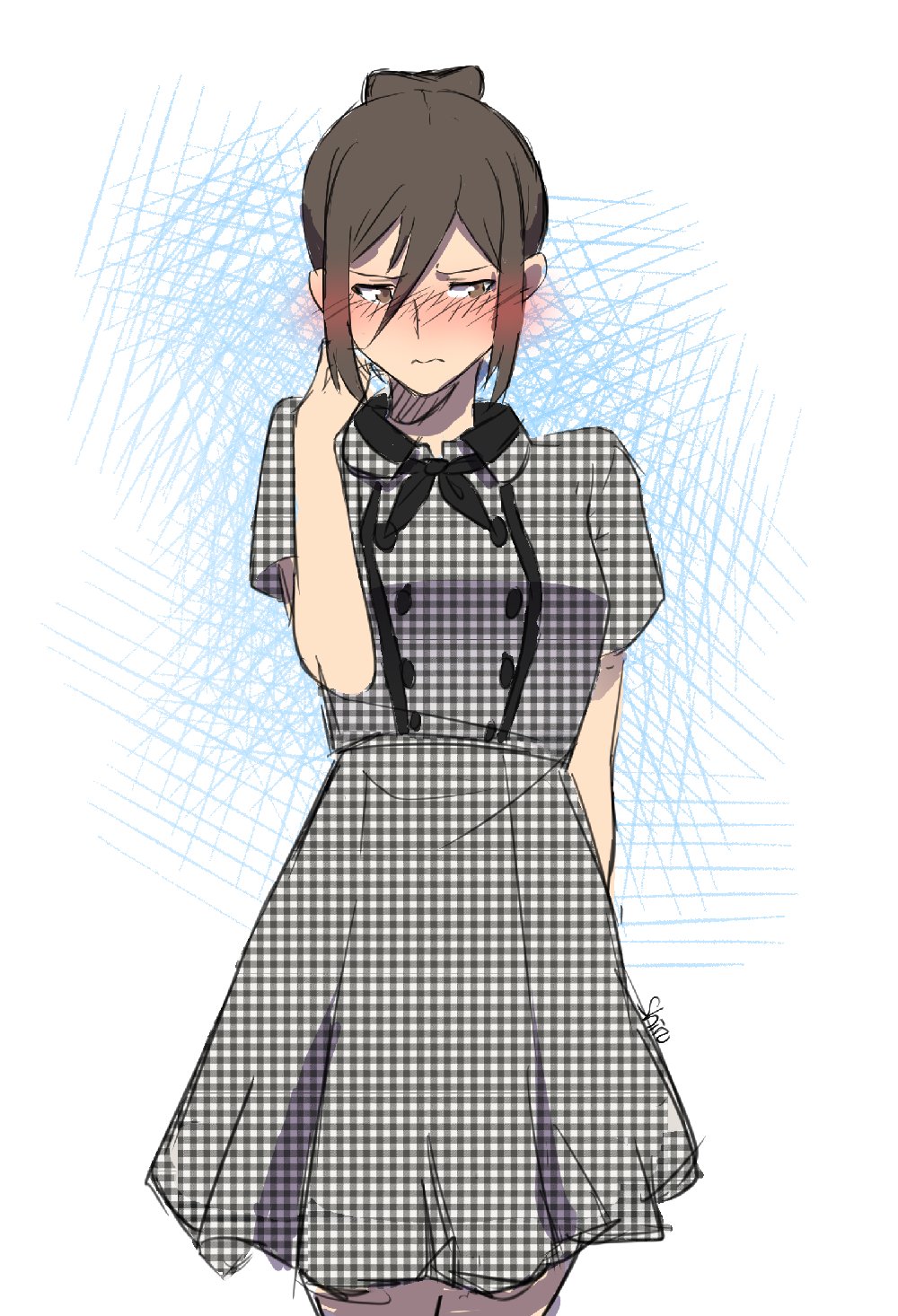 1girl, alternate_costume, checkered_clothes, checkered_skirt, cowboy_shot, dress, embarrassed, female_focus, hair_bun, highres, long_hair, morag_ladair_(xenoblade), nintendo, shirohunter, single_hair_bun, skirt, solo, white_background, xenoblade_chronicles_(series), xenoblade_chronicles_2