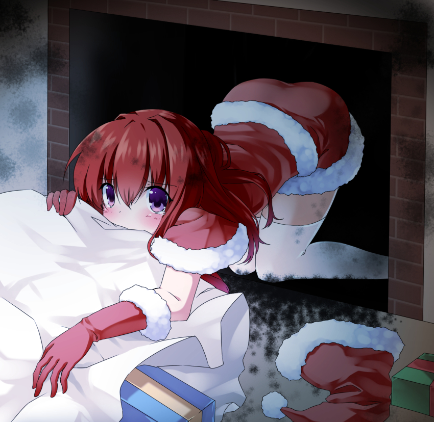 1girl, all_fours, bad_id, bad_pixiv_id, blush, chimney, christmas, elbow_gloves
