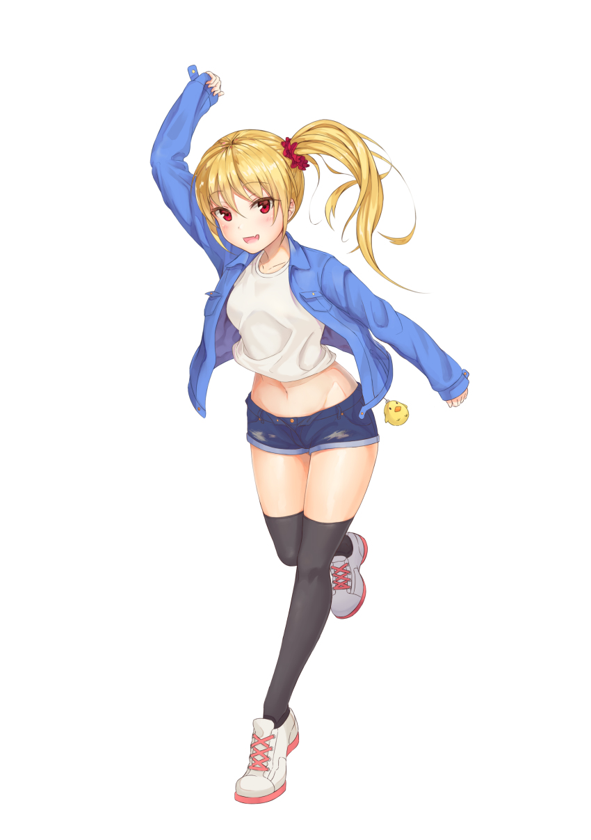 1girl, :d, absurdres, arm_up, bad_id, bad_pixiv_id, black_thighhighs, blonde_hair