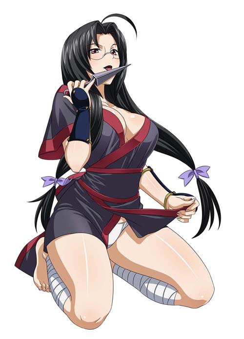 1girl, ahoge, bandages, bandaged_leg, barefoot, black_hair, breasts, cleavage