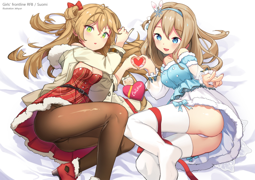 2girls, ass, bare_shoulders, blue_eyes, blush, breasts, brown_hair, cleavage, girls'_frontline, green_eyes, hair_ornament, hairband, heart, heart_hands, heart_hands_duo, highres, jehyun, long_hair, lying, medium_breasts, multiple_girls, official_alternate_costume, on_side, open_mouth, panties, pantyhose, pantyshot, parted_lips, rfb_(girls'_frontline), rfb_(how_rfb_stole_xmas)_(girls'_frontline), skirt, smile, snowflake_hair_ornament, suomi_(girls'_frontline), suomi_(korvatunturi_pixie)_(girls'_frontline), underwear