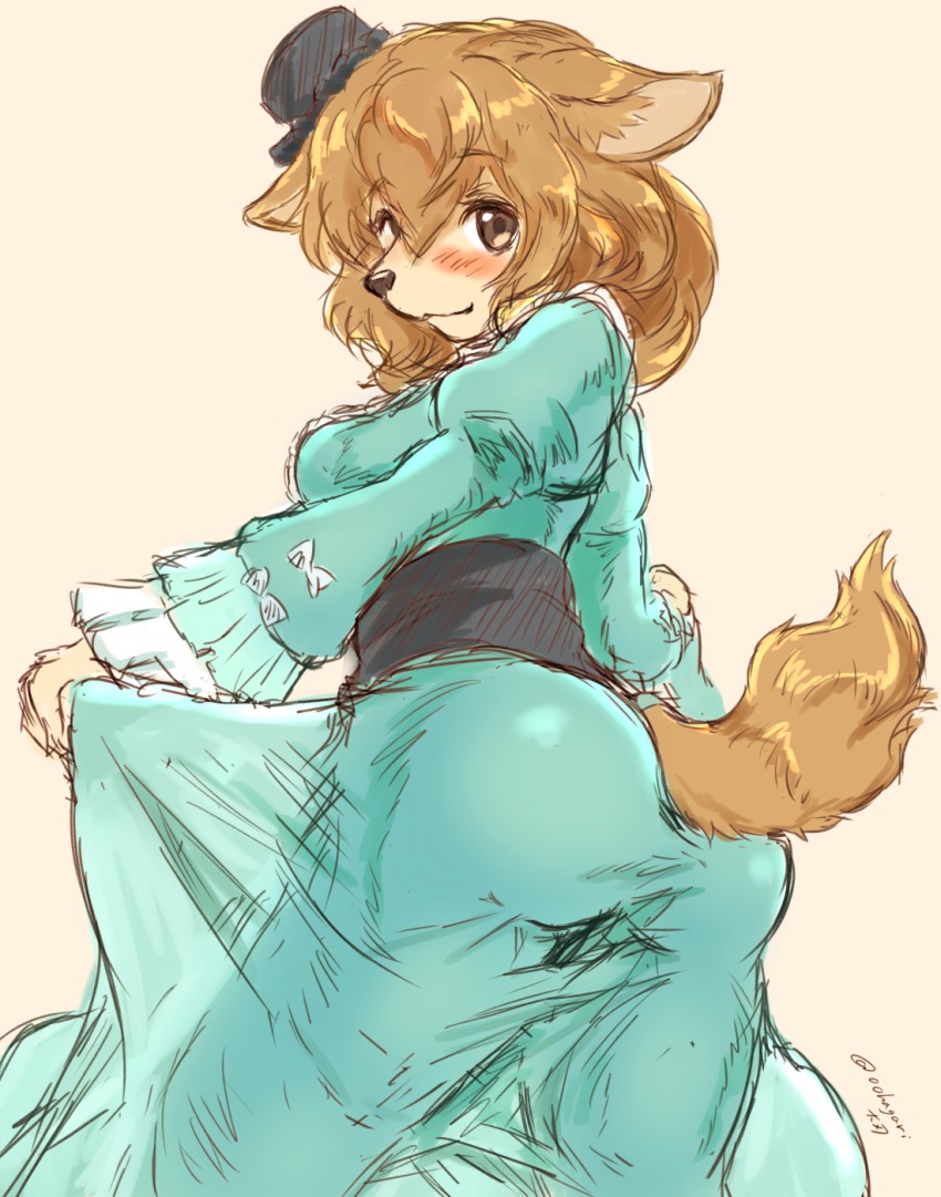 1girl, artist_request, black_eyes, brown_hair, dog, female_focus, furry, furry_female, highres, phyracorlybia_dorio, shuumatsu_nani_shitemasu_ka?, smile, solo