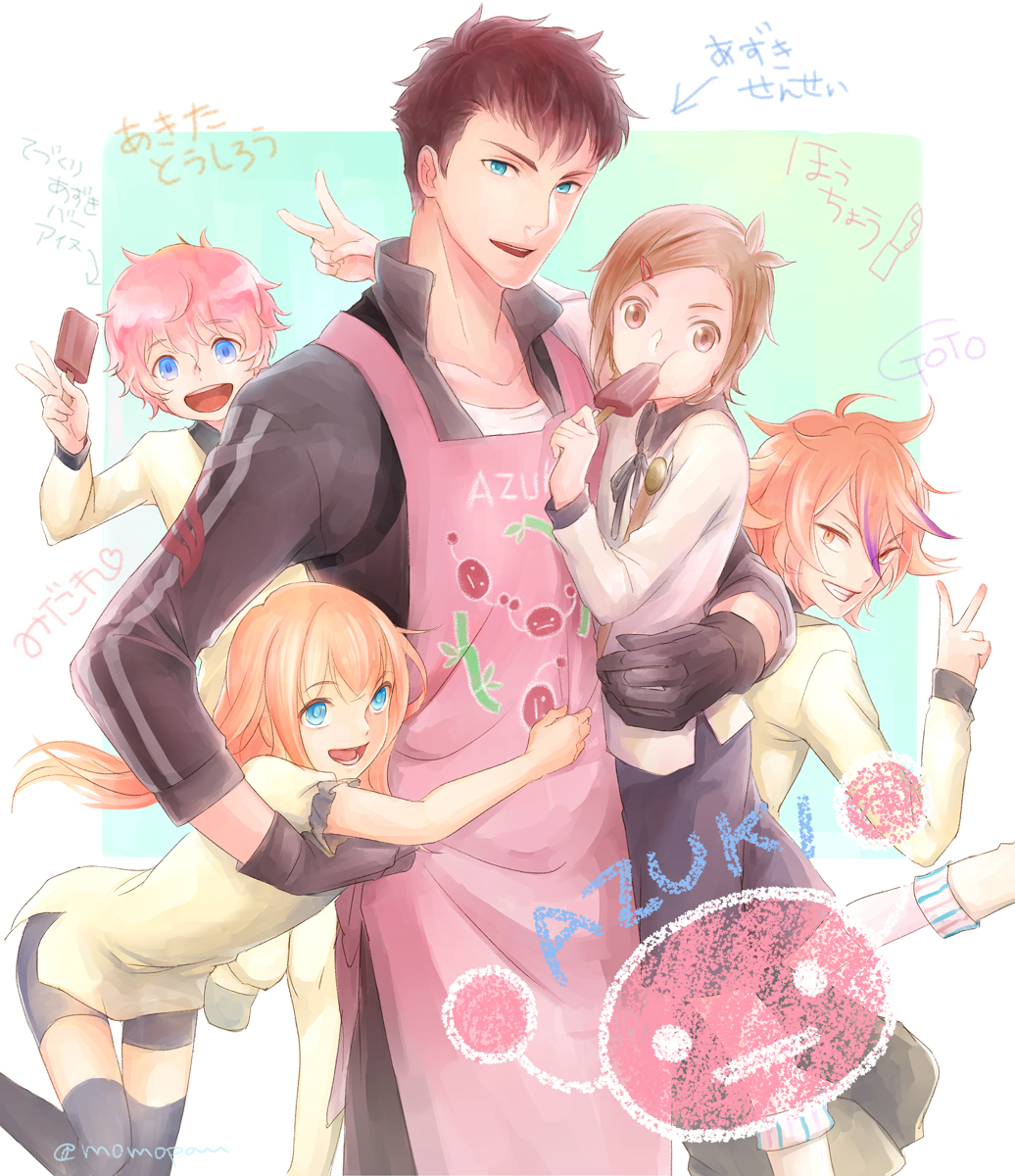 10s, 5boys, :d, akita_toushirou, apron, azuki_nagamitsu_(touken_ranbu), black_gloves, black_legwear