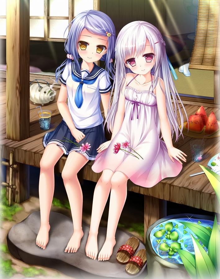 2girls, barefoot, blouse, blue_hair, blue_skirt, braid, breast_pocket, brown_eyes, caustics, collarbone, cup, day, dress, drinking_glass, drinking_straw, electric_fan, feet, food, fruit, full_body, glint, gradient_clothes, gradient_dress, hair_ornament, hairclip, halterneck, ham_ham_soft, hand_fan, head_tilt, imouto_o_kegashita_kioku, incense_burner, kayari_buta, kirino_aki, kusunoki_asaka, legs_together, long_hair, miniskirt, multiple_girls, official_art, outdoors, paper_fan, plate, pocket, porch, red_eyes, sandals, school_uniform, scrunchie, serafuku, shirt, shitou, shouji, silver_hair, sitting, skirt, sliding_doors, smile, smoke, socks, sundress, swept_bangs, tatami, toes, twintails, uchiwa, unworn_footwear, unworn_sandals, unworn_socks, water, watermelon, white_dress, white_shirt, window_blinds, wooden_floor