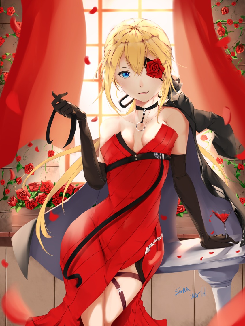 1girl, alcohol, alternate_hairstyle, arm_behind_back, arm_support, arm_up, ass, bare_shoulders, belt, black_belt, black_bow, black_gloves, black_jacket, black_ribbon, blonde_hair, blue_eyes, bow, breasts, buckle, chair, choker, cleavage, collarbone, cowboy_shot, crossed_legs, cup, curtains, dress, drinking_glass, elbow_gloves, eyepatch, eyes_visible_through_hair, female_focus, flower, flower_eyepatch, girls'_frontline, glass, gloves, hair_between_eyes, hair_in_hair, hair_ribbon, highres, holding, indoors, jacket, jacket_on_shoulder, jewelry, leaning_on_object, legs_together, long_hair, looking_at_viewer, low_ponytail, medium_breasts, o-ring, official_alternate_costume, open_clothes, open_jacket, open_mouth, petals, plant, ponytail, red_dress, red_flower, red_rose, ribbon, rose, rose_petals, shiny_skin, sidelocks, signature, skindentation, skorpion_(crimson_starlet)_(girls'_frontline), skorpion_(girls'_frontline), smile, solo, sonaworld, standing, strap, strapless, strapless_dress, table, thigh_strap, thighs, vines, watson_cross, window, wine, wine_glass