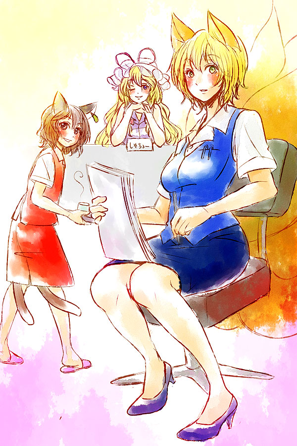 3girls, alternate_costume, animal_ears, bad_id, bad_pixiv_id, blonde_hair, blue_eyes, blush