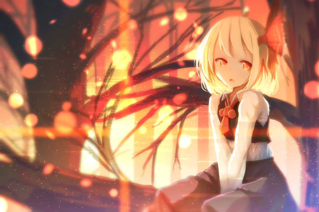 1girl, black_skirt, blonde_hair, branch, female_focus, hair_ribbon, long_sleeves, looking_at_viewer, necktie, outdoors, pran_(nipura), red_eyes, red_necktie, red_ribbon, ribbon, rumia, sitting, skirt, skirt_set, solo, touhou, tree, v_arms, vest