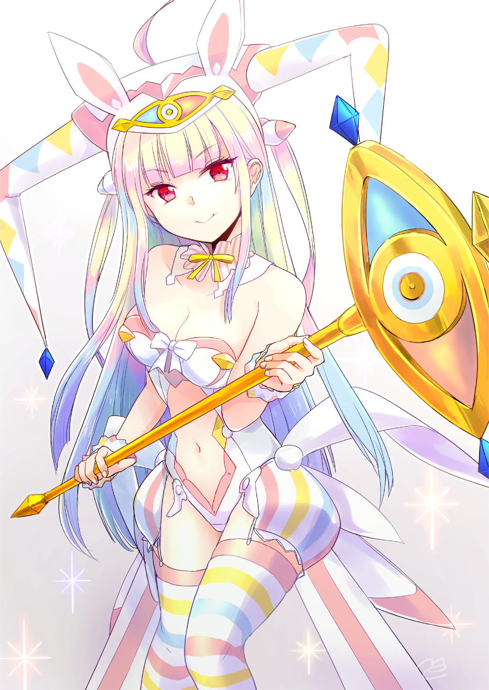 1girl, bare_shoulders, beatmania_iidx, beatmania_iidx_22_pendual, bemani, bow, breasts, cleavage, clothing_cutout, detached_collar, female_focus, garter_straps, gradient_hair, hat, highres, holding, holding_weapon, jester_cap, leotard, long_hair, lopica, medium_breasts, moru_413, multicolored_hair, navel, navel_cutout, red_eyes, rod, sidelocks, smile, solo, strapless, striped_clothes, striped_thighhighs, thighhighs, very_long_hair, weapon