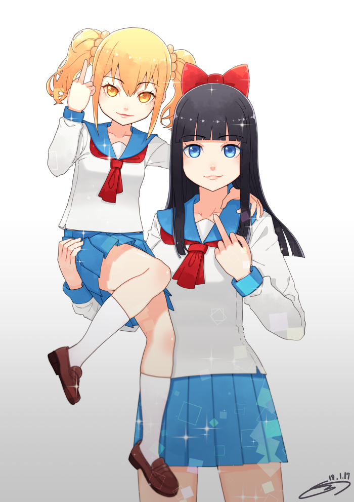 10s, 2girls, bad_id, bad_pixiv_id, black_hair, blue_eyes, blue_skirt, bow