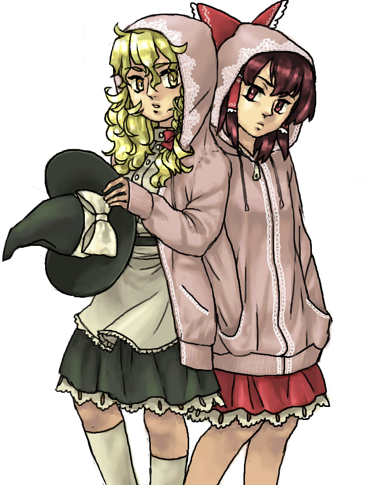 2girls, bad_id, bad_pixiv_id, blonde_hair, blush, bnjgm., bnjgm._(pixiv231149), casual, female_focus, hakurei_reimu, hand_in_pocket, hat, hood, hooded_jacket, hoodie, jacket, kirisame_marisa, multiple_girls, ribbon, touhou, witch, witch_hat
