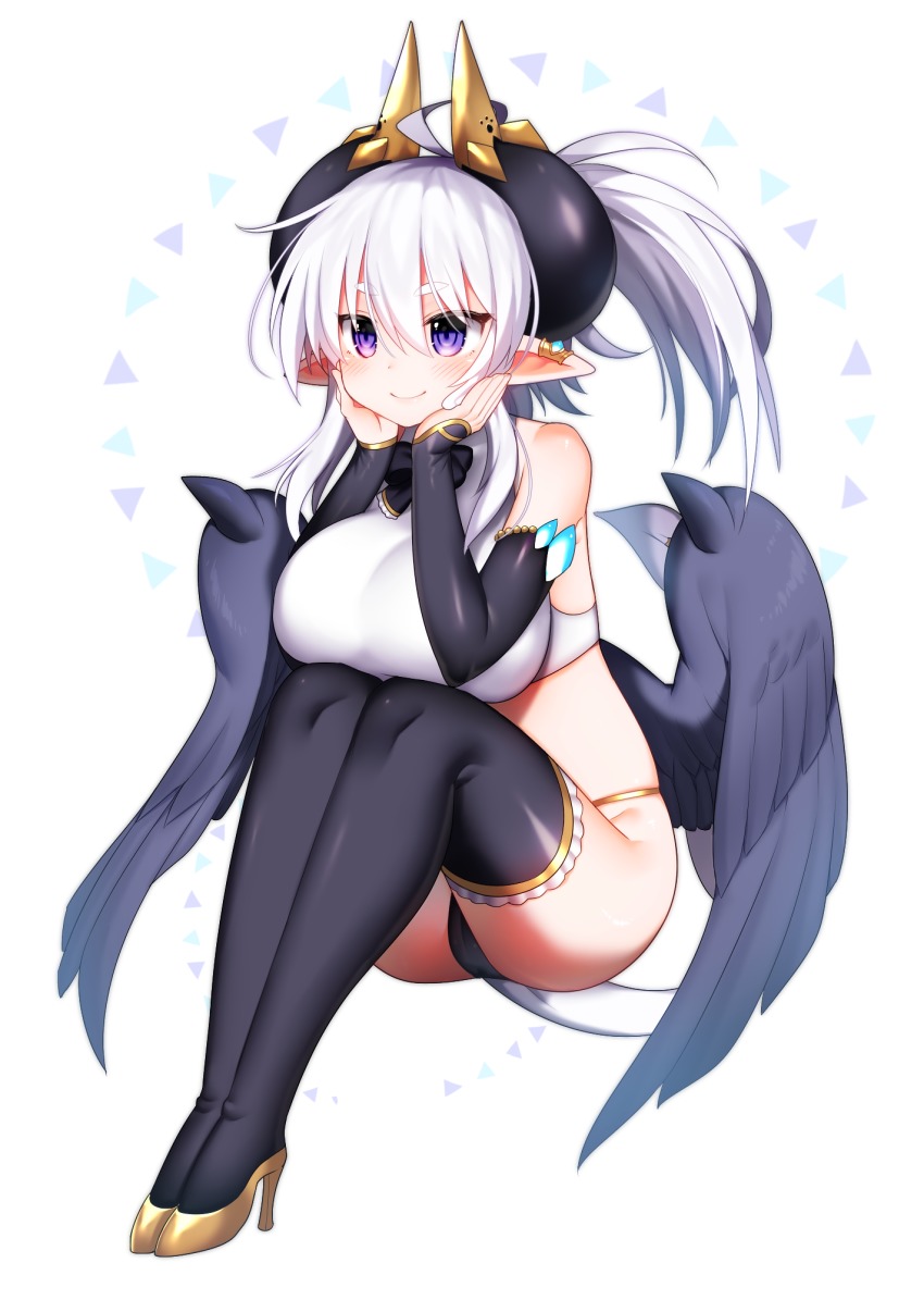 1girl, ahoge, bare_shoulders, black_bow, black_bowtie, black_panties, black_thighhighs, black_wings