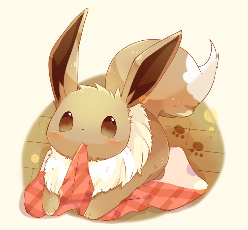 blush, brown_eyes, eevee, faux_figurine, full_body, gen_1_pokemon, highres, looking_at_viewer, lying, mouth_hold, nibbling, nintendo, no_humans, on_floor, on_stomach, pokemon, pokemon_(creature), simple_background, ushiina, yellow_background