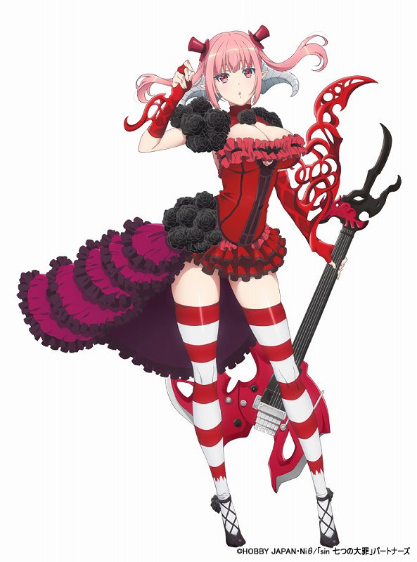 1girl, astaroth_(sin_nanatsu_no_taizai), astaroth_(the_seven_deadly_sins), demon_girl, guitar, horns, instrument, official_art, pink_hair, sin_nanatsu_no_taizai, the_seven_deadly_sins, thighhighs