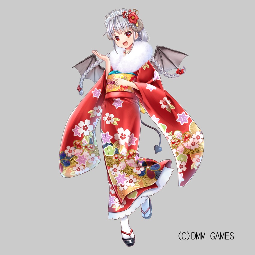 1girl, :d, bat_wings, black_sandals, blush, bow, braid, brown_eyes