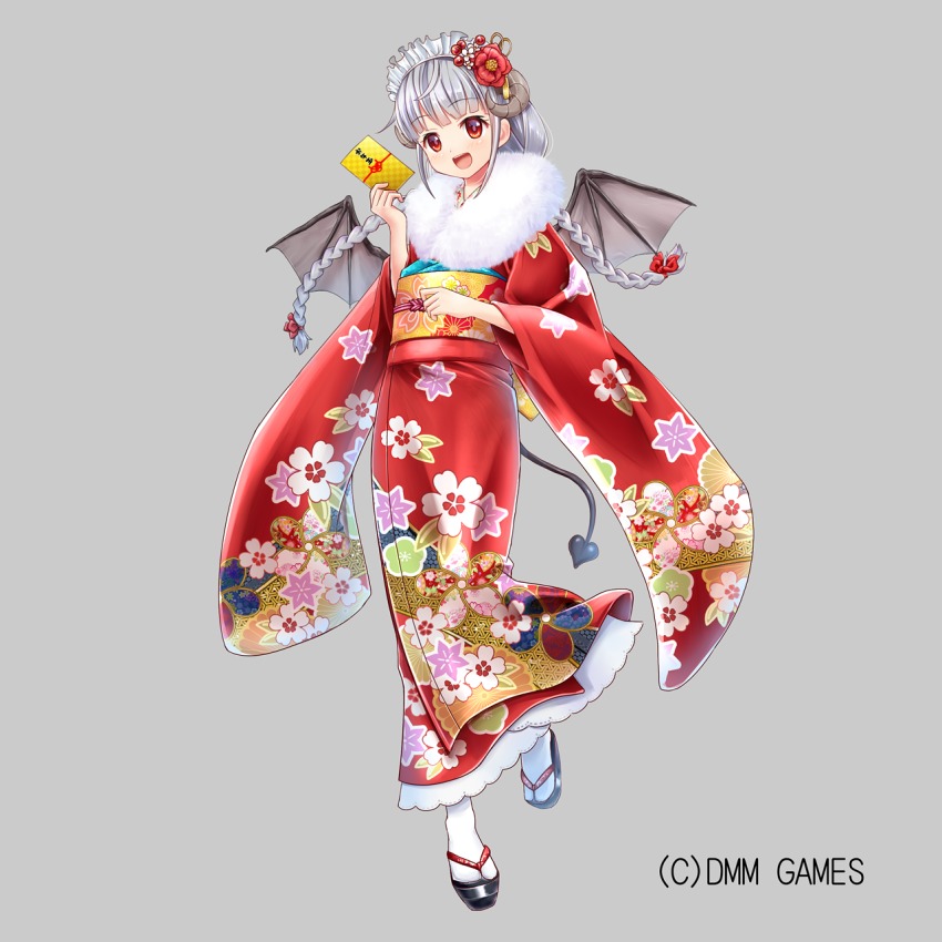 1girl, :d, bat_wings, black_sandals, blush, bow, braid, brown_eyes