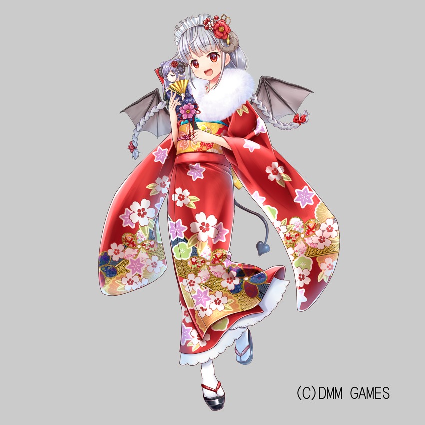 1girl, :d, bat_wings, black_sandals, blush, bow, braid, brown_eyes