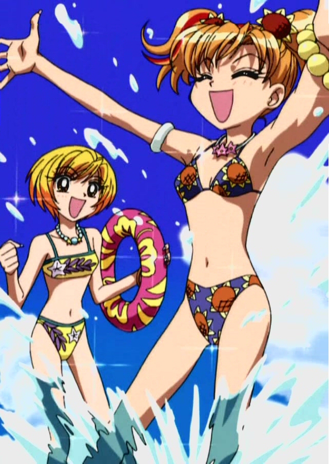 2girls, anime_screenshot, anklet, armband, armpits, bikini, blonde_hair, blue_bikini
