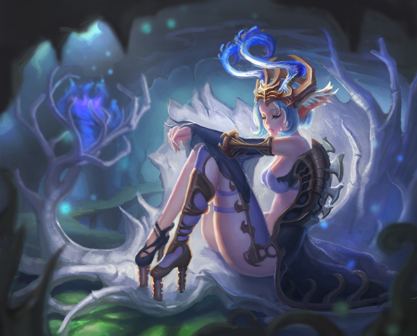 1girl, animal_ears, asymmetrical_legwear, bare_shoulders, blue_bra, blue_hair, blurry, blurry_background