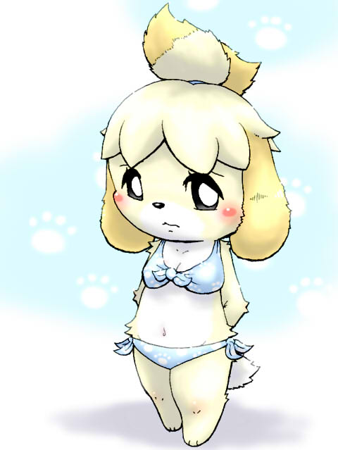 1girl, alternate_costume, animal_crossing, animal_ears, animal_hands, arms_behind_back, bikini, black_sclera