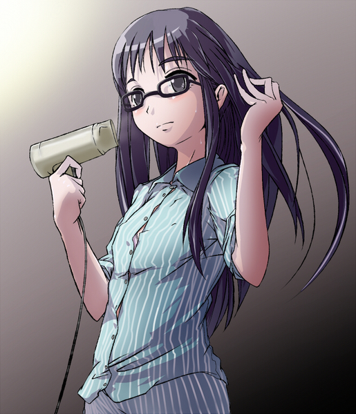 00s, black_eyes, black_hair, flcl, glasses, hair_dryer, hairdressing, nama_(namaiki), ninamori_eri, pajamas, sleeves_rolled_up